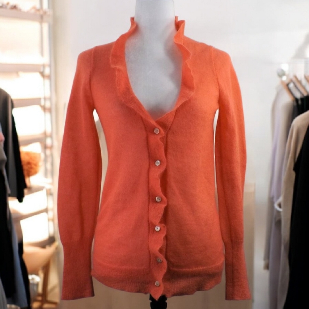 S/M๐งกJ.Crew Black Label Orange Coral Mohair Wool Blend Ruffle Cardigan